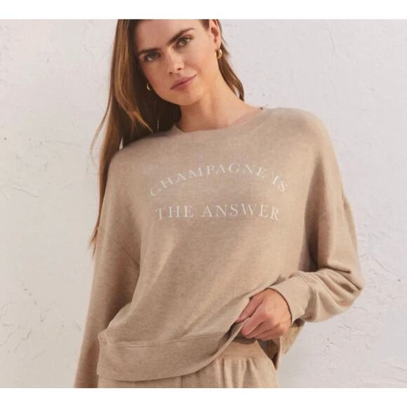 Z Supply Small Champagne is the Answer soft relaxed fit sweatshirt in Oatmeal - Picture 2 of 3